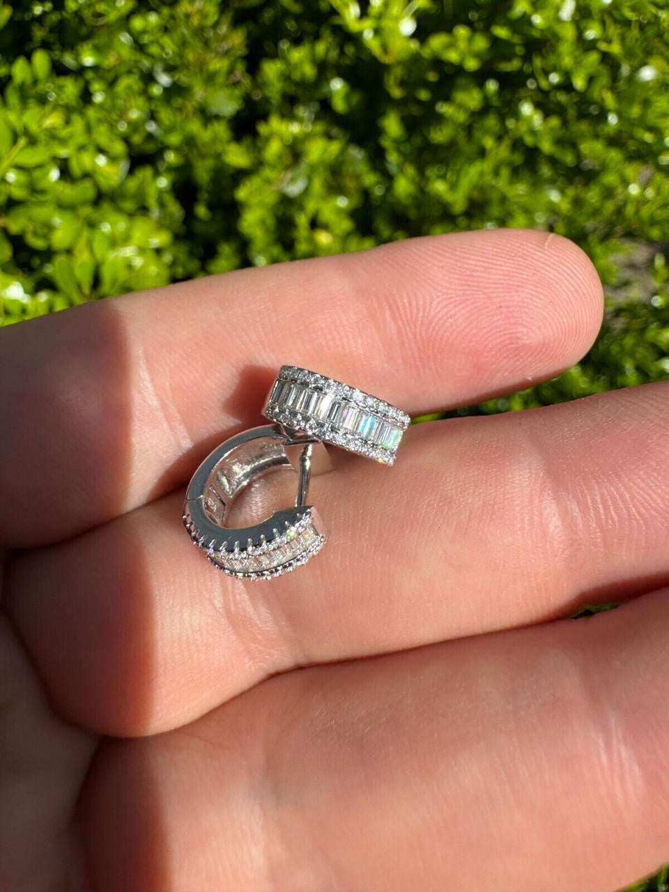 HarlemBling Baguette Moissanite Real Solid 925 Silver Hoops Small Huggie Hoop Earrings 12mm