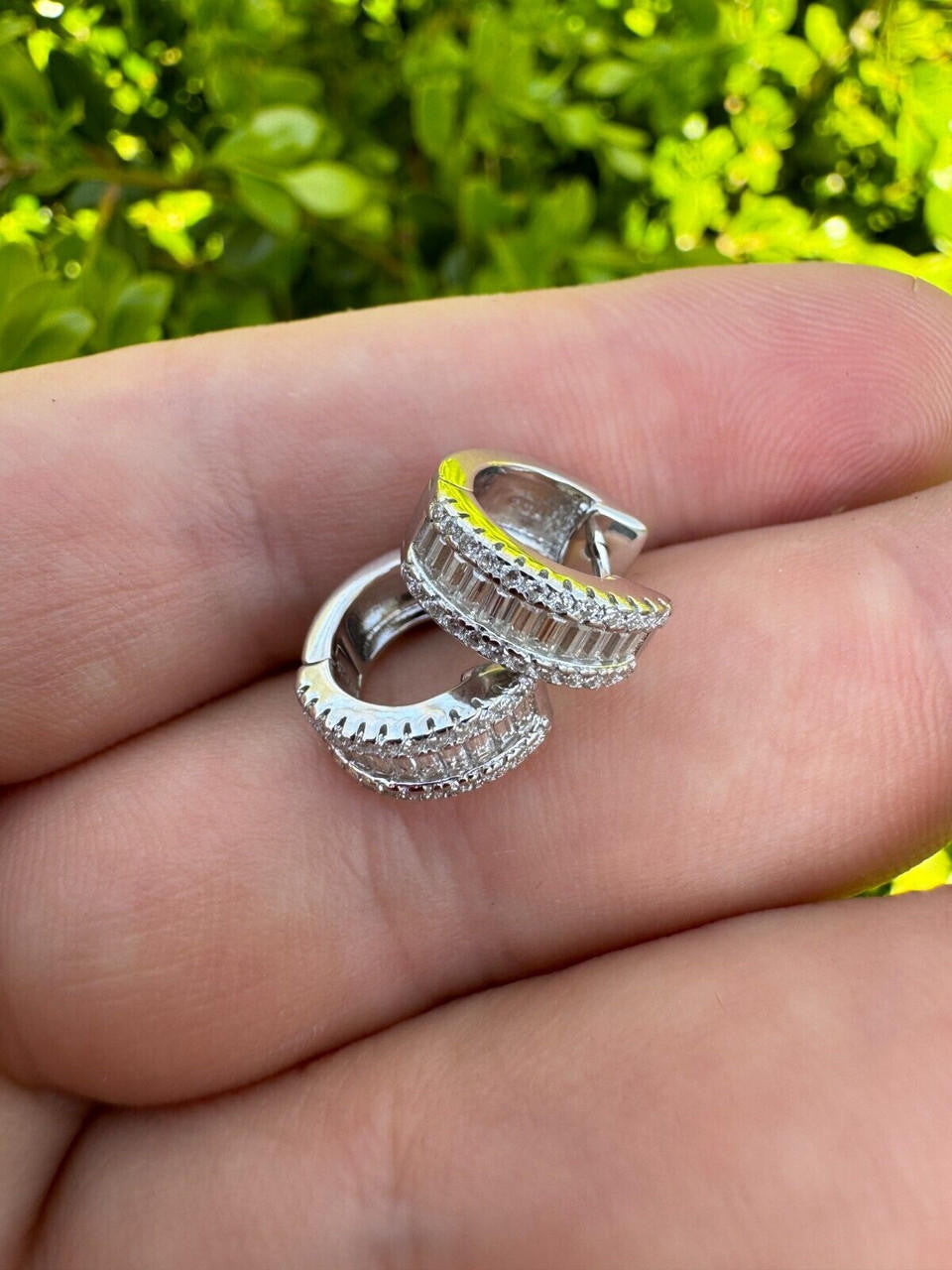 HarlemBling Baguette Moissanite Real Solid 925 Silver Hoops Small Huggie Hoop Earrings 12mm