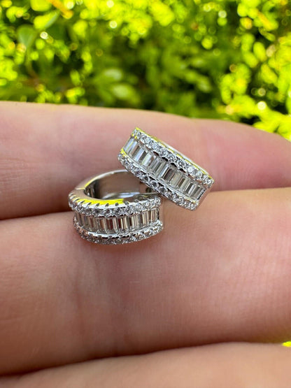 HarlemBling Baguette Moissanite Real Solid 925 Silver Hoops Small Huggie Hoop Earrings 12mm