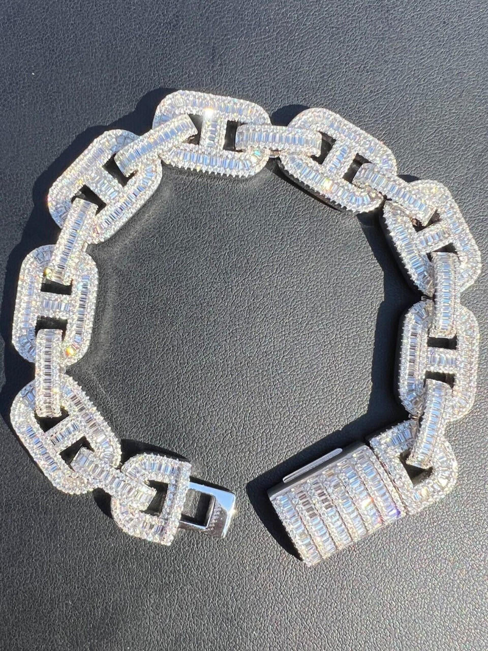 HarlemBling Baguette MOISSANITE Solid 925 Silver Iced Gucci Link Bracelet Pass Diamond Test