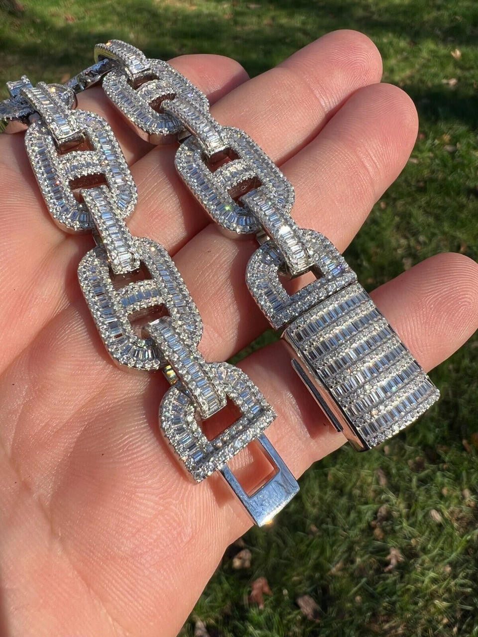 HarlemBling Baguette MOISSANITE Solid 925 Silver Iced Gucci Link Bracelet Pass Diamond Test