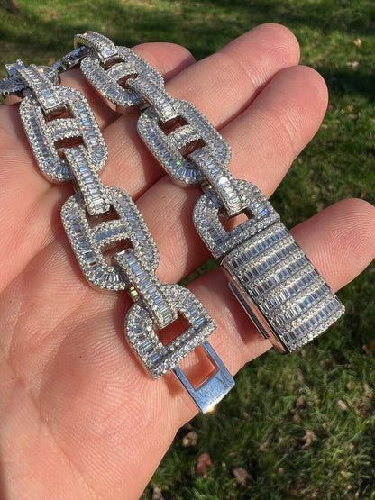 HarlemBling Baguette MOISSANITE Solid 925 Silver Iced Gucci Link Bracelet Pass Diamond Test