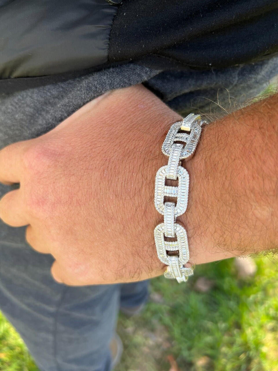 HarlemBling Baguette MOISSANITE Solid 925 Silver Iced Gucci Link Bracelet Pass Diamond Test