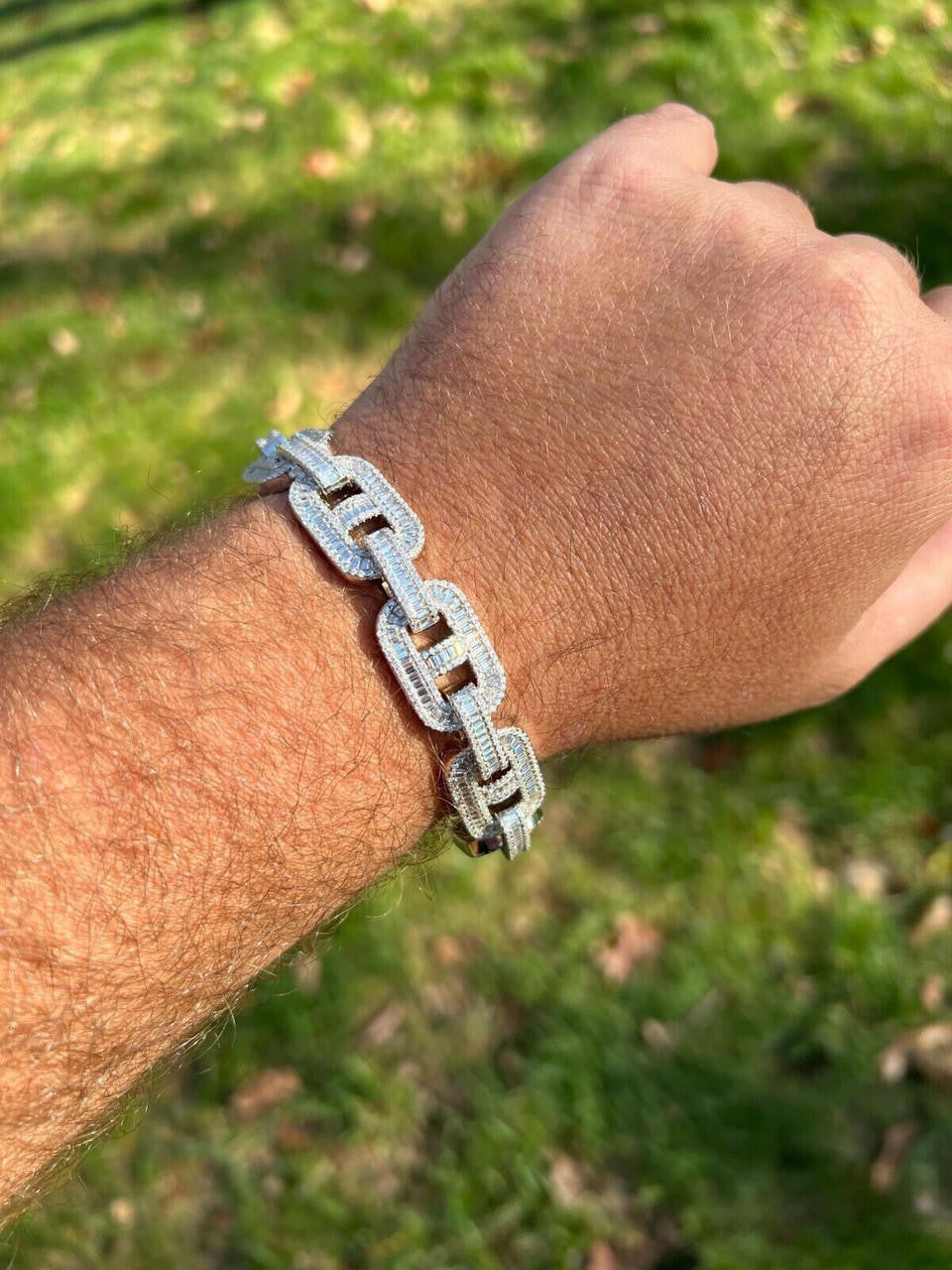 HarlemBling Baguette MOISSANITE Solid 925 Silver Iced Gucci Link Bracelet Pass Diamond Test