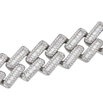 HarlemBling Baguette Prong Miami Cuban Link Chain Necklace Iced Out CZ Stones - 925 Silver - 18mm - 18"-30"