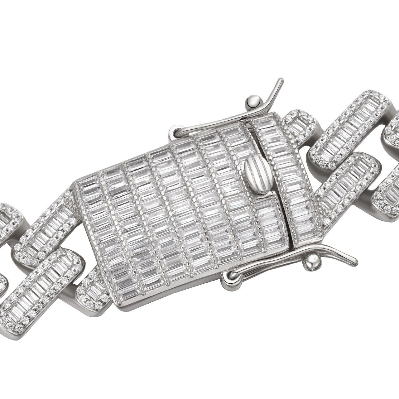 HarlemBling Baguette Prong Miami Cuban Link Chain Necklace Iced Out CZ Stones - 925 Silver - 18mm - 18"-30"