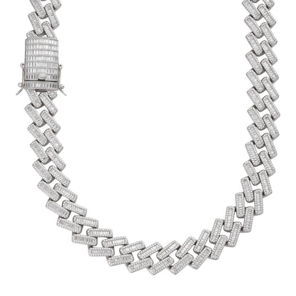 HarlemBling Baguette Prong Miami Cuban Link Chain Necklace Iced Out CZ Stones - 925 Silver - 18mm - 18"-30"