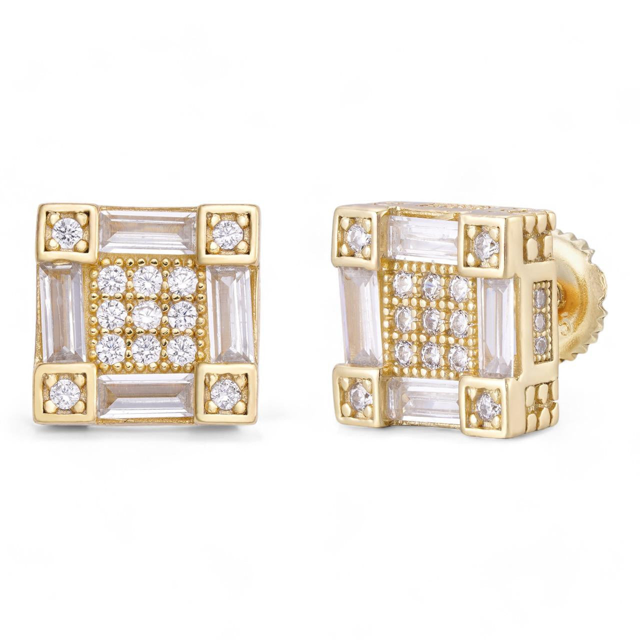 HarlemBling Baguette Square Bust Down Earrings - 14k Gold Vermeil 925 Silver - CZ Stones - 10.5mm