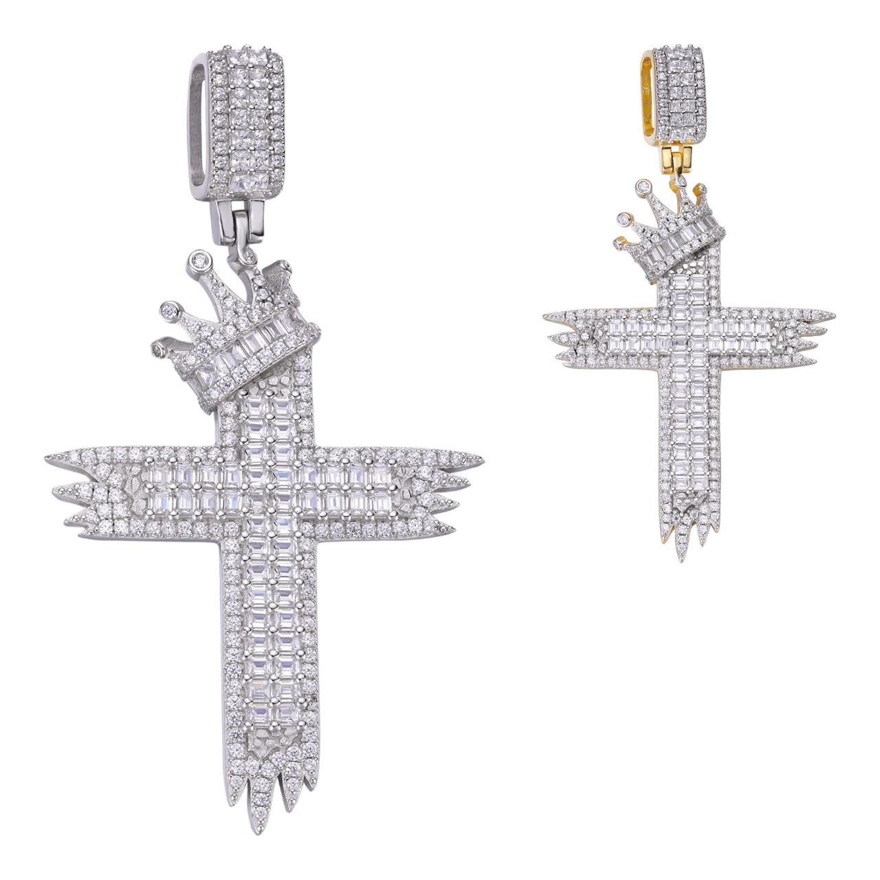 HarlemBling Baguette W. King Crown Bust Down Cross Pendant - 14k Gold Vermeil Or 925 Silver - CZ Stones - Large 3"