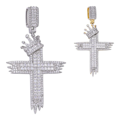 HarlemBling Baguette W. King Crown Bust Down Cross Pendant - 14k Gold Vermeil Or 925 Silver - CZ Stones - Large 3"