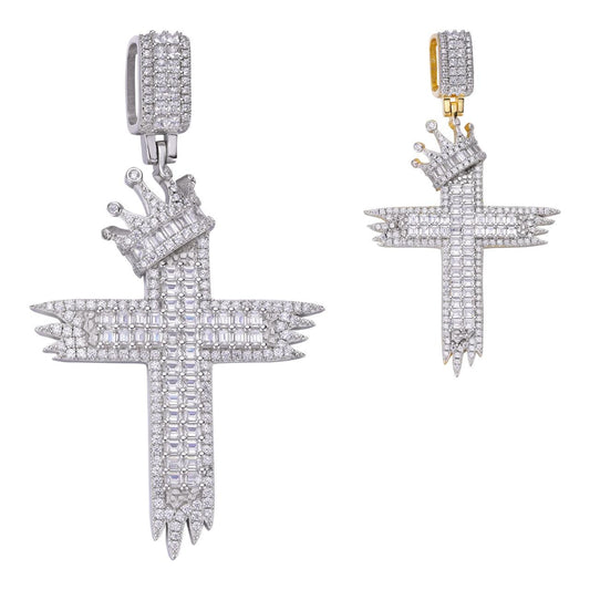 HarlemBling Baguette W. King Crown Bust Down Cross Pendant - 14k Gold Vermeil Or 925 Silver - CZ Stones - Large 3"