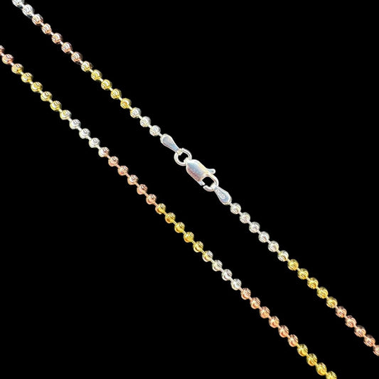 HarlemBling Ball Bead Moon Cut "Dog Tag" Chain Necklace - Tri Color Yellow Rose Vermeil 925 Sterling Silver - 16"-30" - 2.5mm