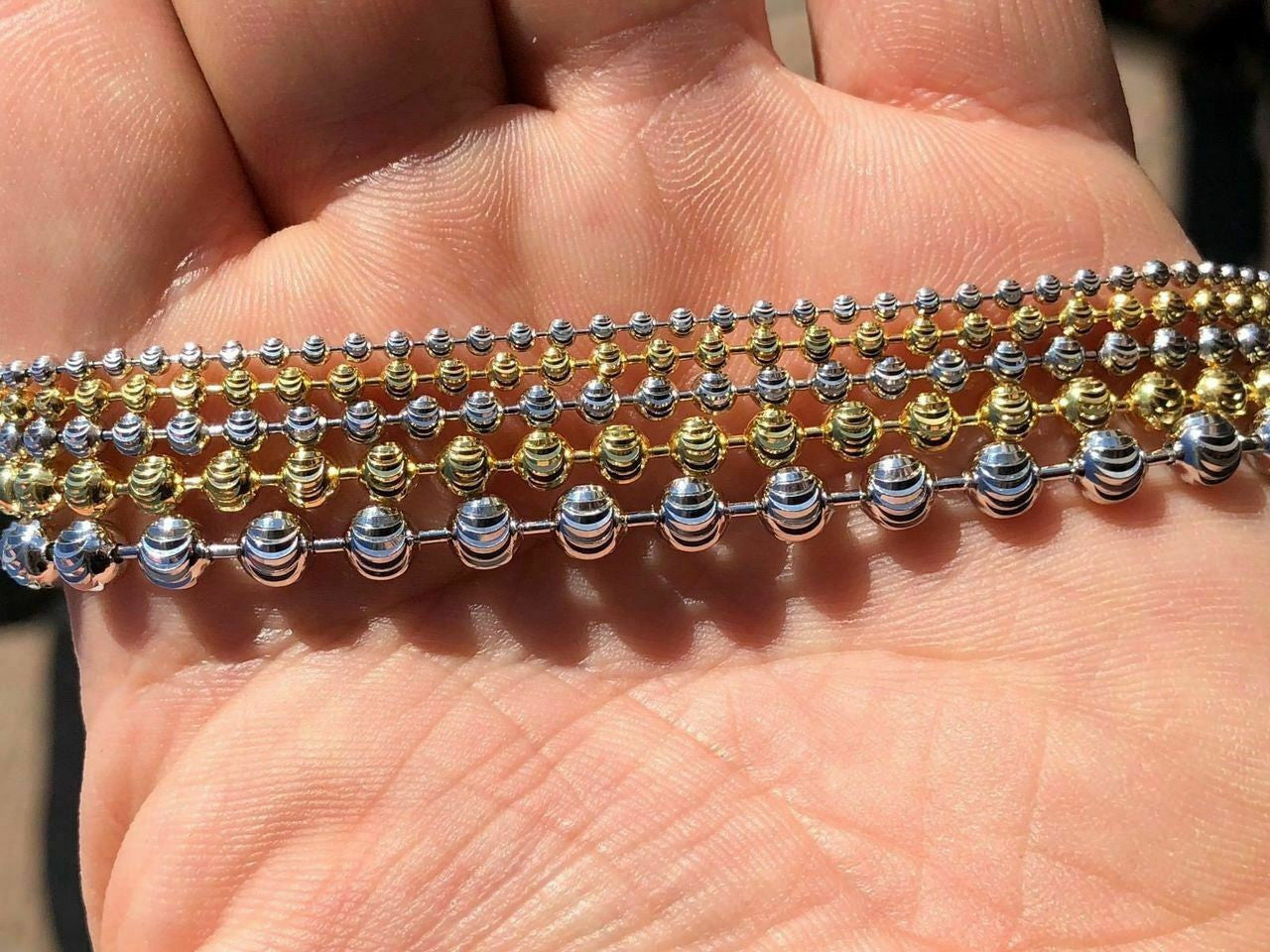 HarlemBling Ball Moon Chain SOLID 925 Silver 14k Yellow Gold / Rhodium Diamond Cut Men Women