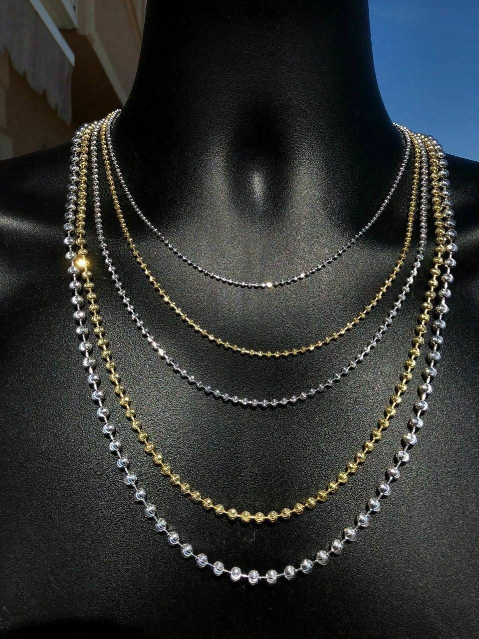 HarlemBling Ball Moon Chain SOLID 925 Silver 14k Yellow Gold / Rhodium Diamond Cut Men Women