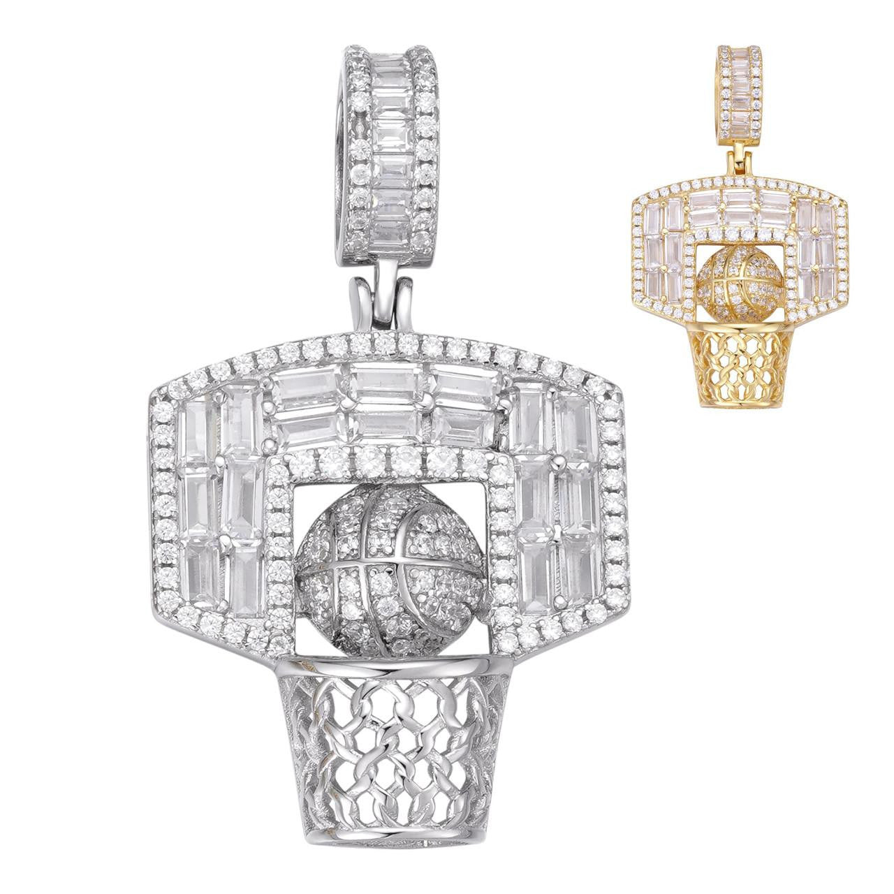 HarlemBling Basketball Ball & Hoop Iced Out Baguette Pendant - 14k Gold Vermeil Or 925 Silver - CZ Stones - Small 1.5"