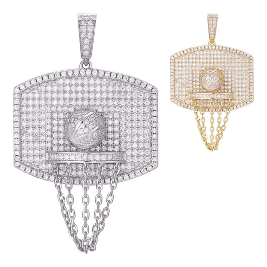 HarlemBling Basketball W. Hoop Iced Out Pendant - 14k Gold Vermeil Or 925 Silver - CZ Stones - Medium 1.75"
