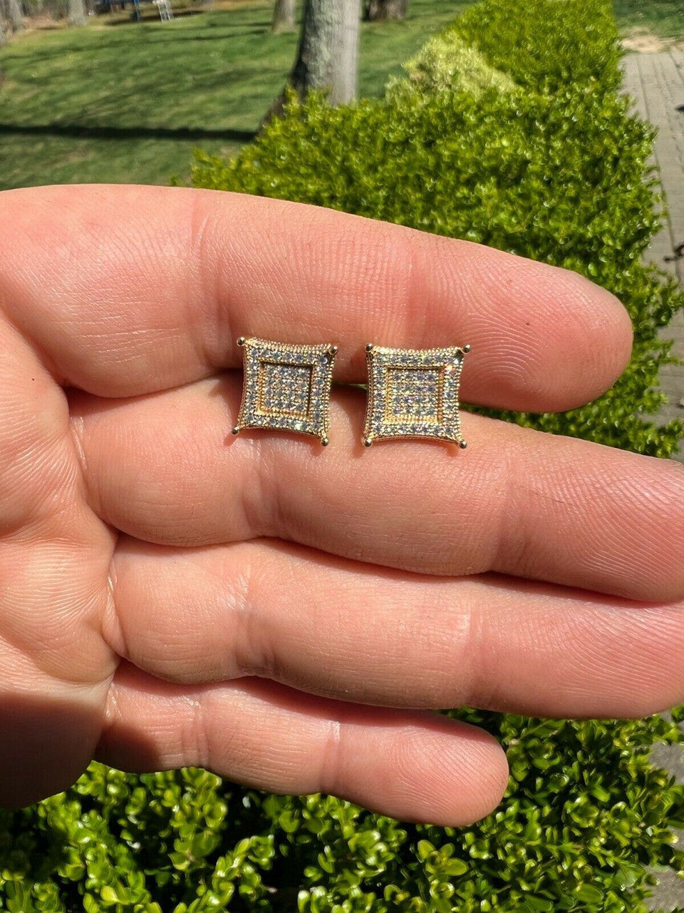 HarlemBling Big 10mm Men Real Solid 10k Gold Iced Kite Moissanite Earrings Pass Diamond Test