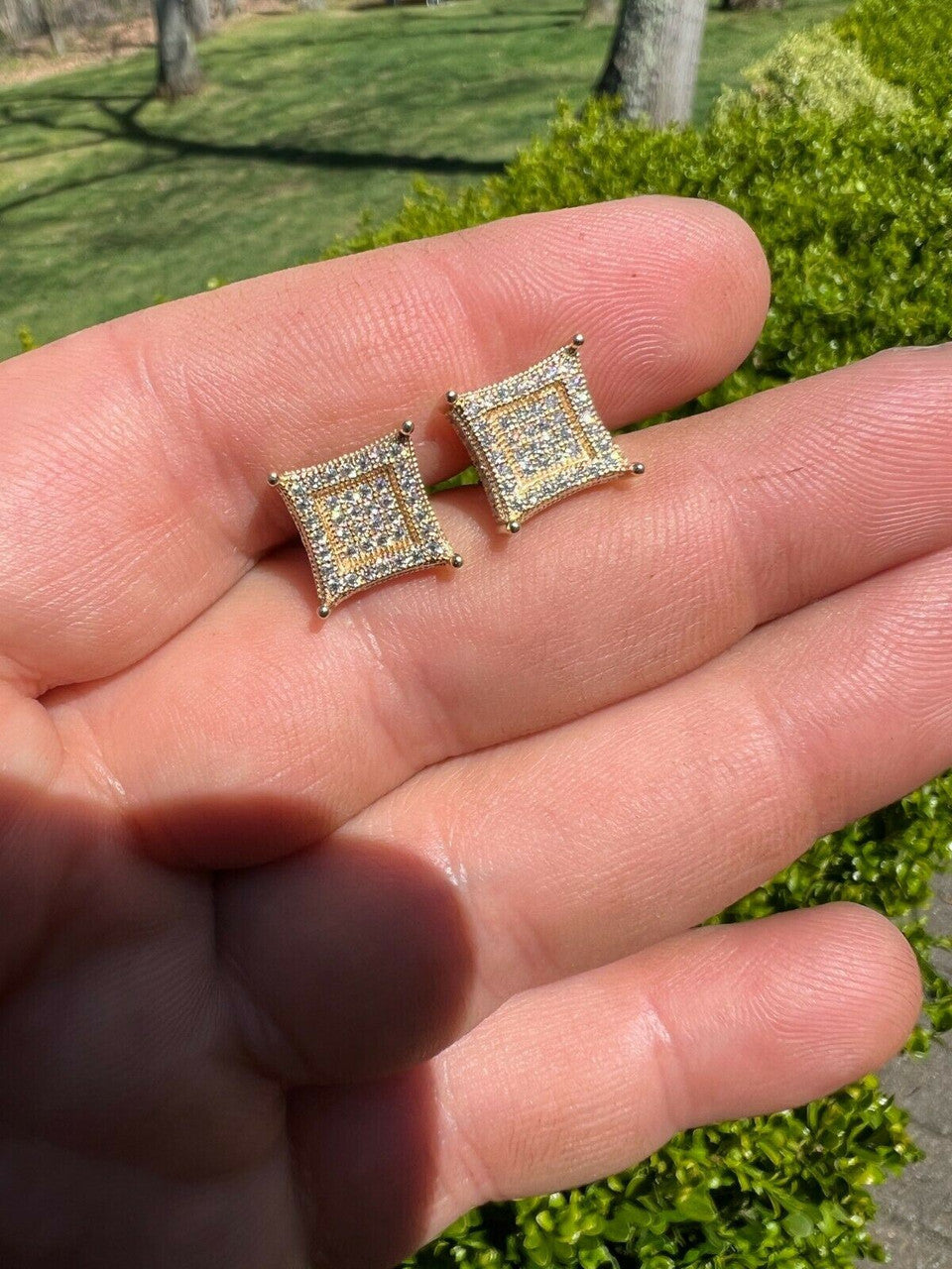 HarlemBling Big 10mm Men Real Solid 10k Gold Iced Kite Moissanite Earrings Pass Diamond Test