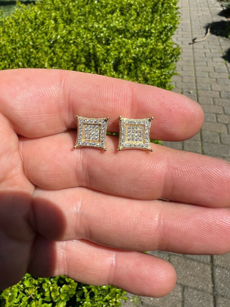 HarlemBling Big 10mm Men Real Solid 10k Gold Iced Kite Moissanite Earrings Pass Diamond Test