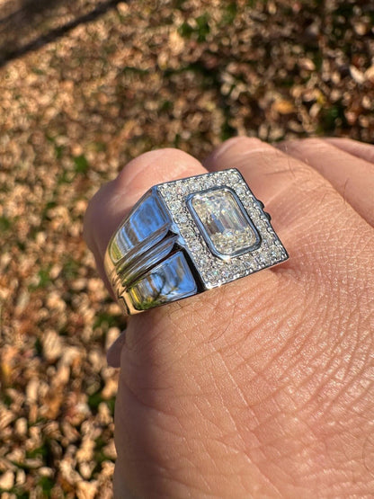 HarlemBling Big 2.6ct Emerald Cut MOISSANITE Solitaire Mens Real Solid 925 Silver Ring Pinky