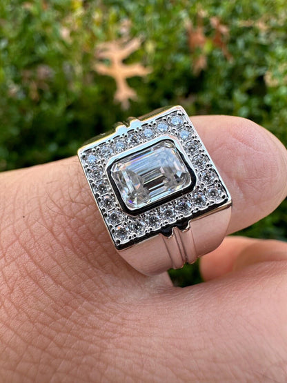 HarlemBling Big 2.6ct Emerald Cut MOISSANITE Solitaire Mens Real Solid 925 Silver Ring Pinky