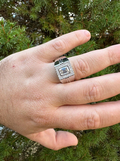 HarlemBling Big 2.6ct Emerald Cut MOISSANITE Solitaire Mens Real Solid 925 Silver Ring Pinky