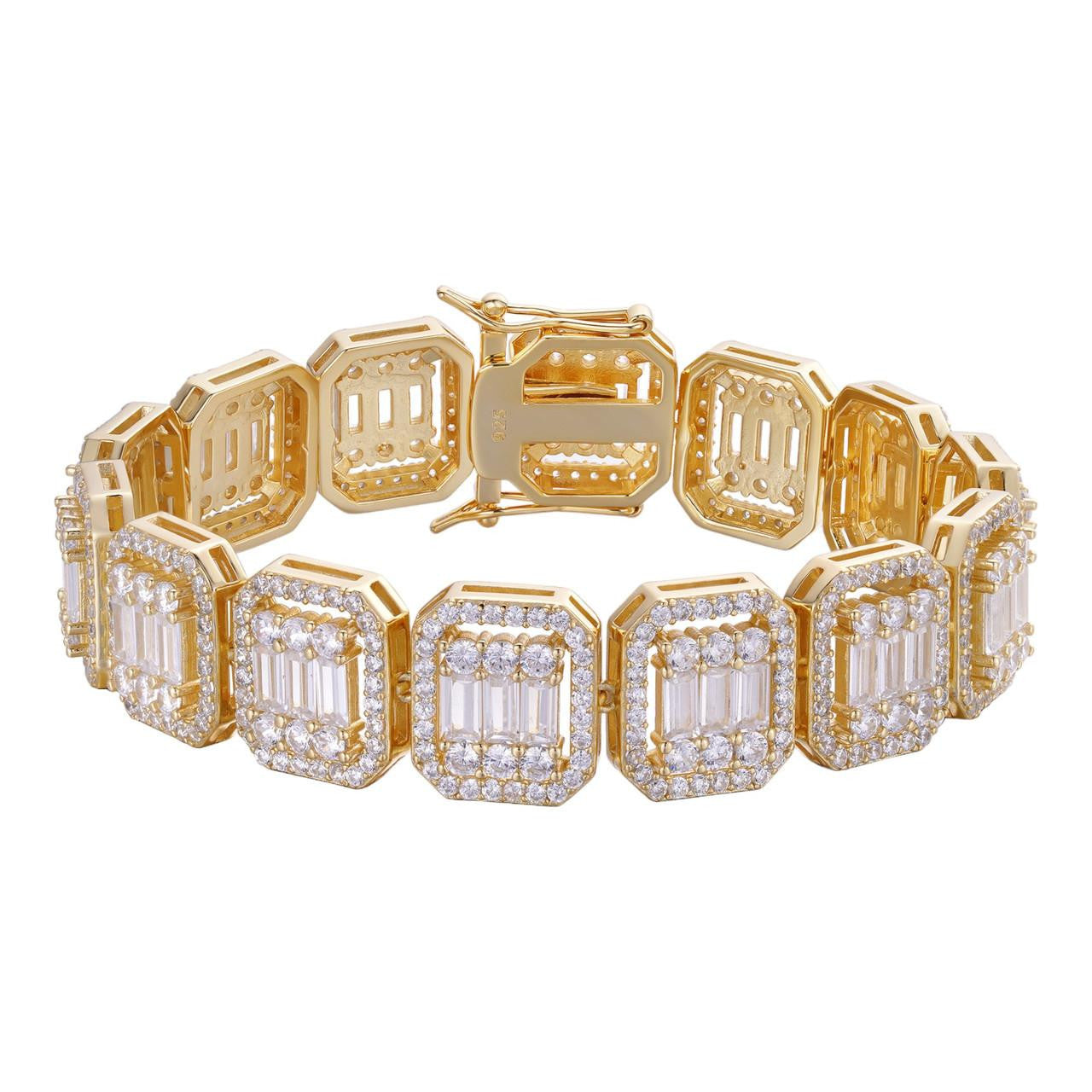 HarlemBling Big Custom Square Baguette Bracelet Iced Out CZ Stones - 14k Gold Vermeil 925 Silver - 15mm - 7"-8"