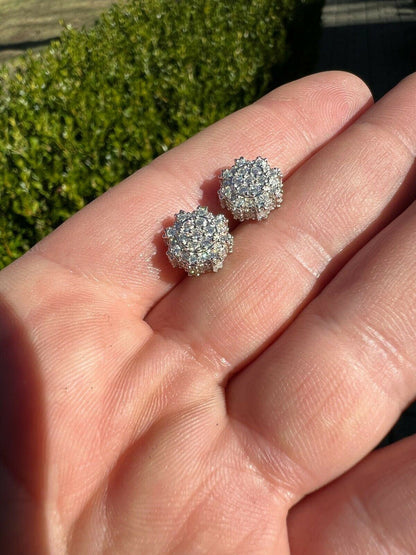 HarlemBling BIG Moissanite Iced 925 Silver Screwback Earrings Large 10mm Mens Hip Hop Studs