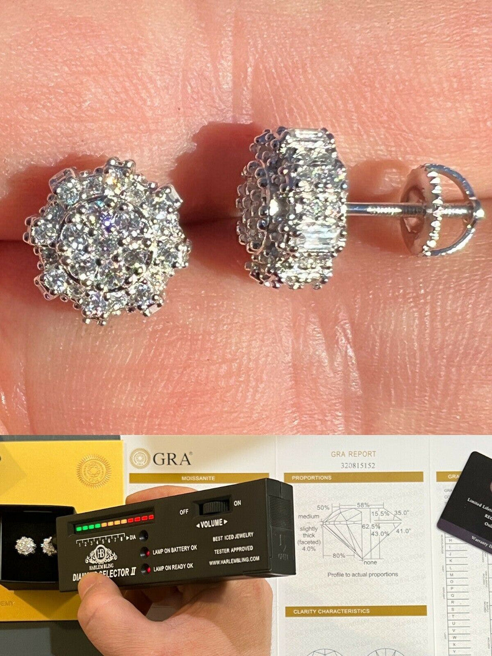 HarlemBling BIG Moissanite Iced 925 Silver Screwback Earrings Large 10mm Mens Hip Hop Studs