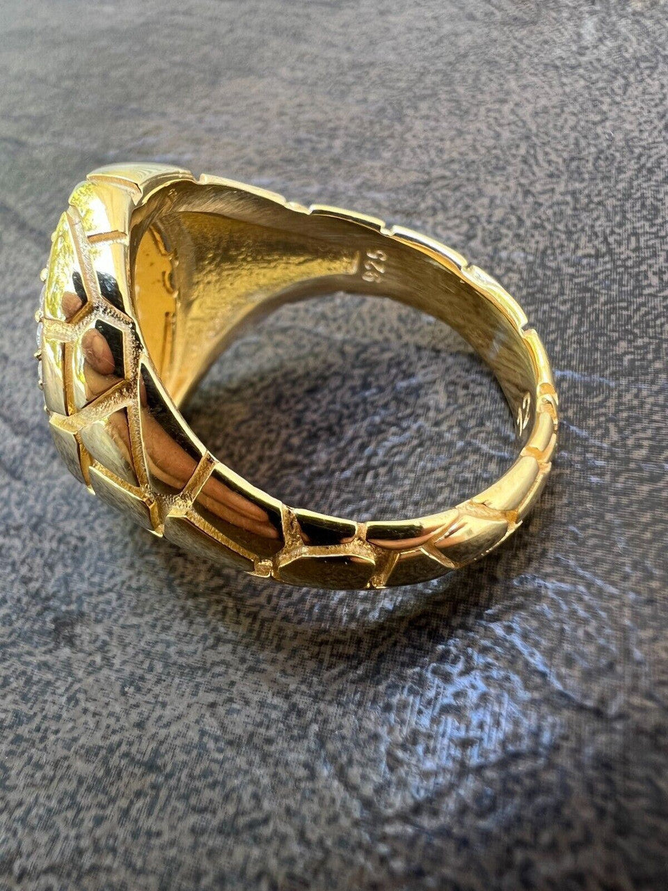 HarlemBling Big Nugget Mens Real Solid 14K Gold Plated 925 Silver Iced CZ Pinky Ring Hip Hop