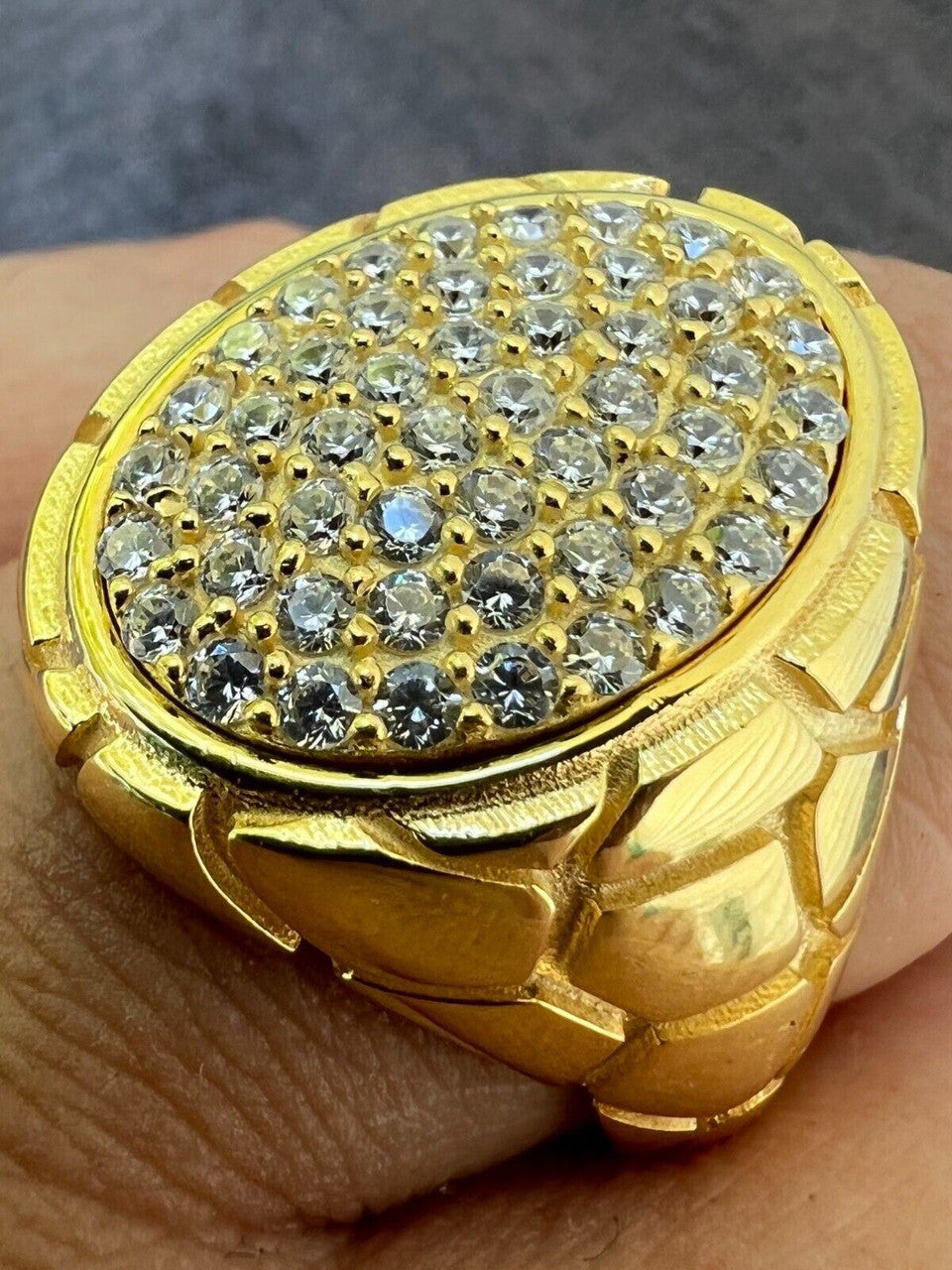 HarlemBling Big Nugget Mens Real Solid 14K Gold Plated 925 Silver Iced CZ Pinky Ring Hip Hop