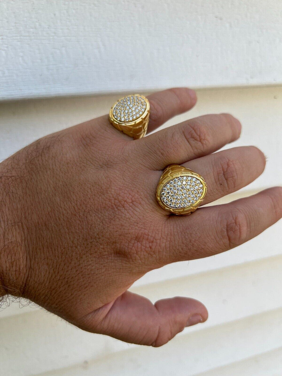 HarlemBling Big Nugget Mens Real Solid 14K Gold Plated 925 Silver Iced CZ Pinky Ring Hip Hop