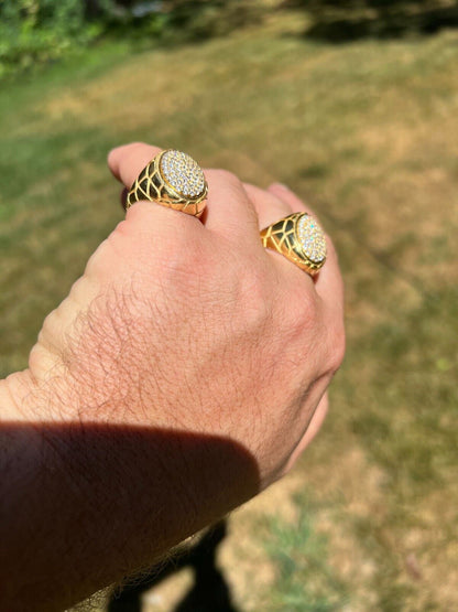 HarlemBling Big Nugget Mens Real Solid 14K Gold Plated 925 Silver Iced CZ Pinky Ring Hip Hop