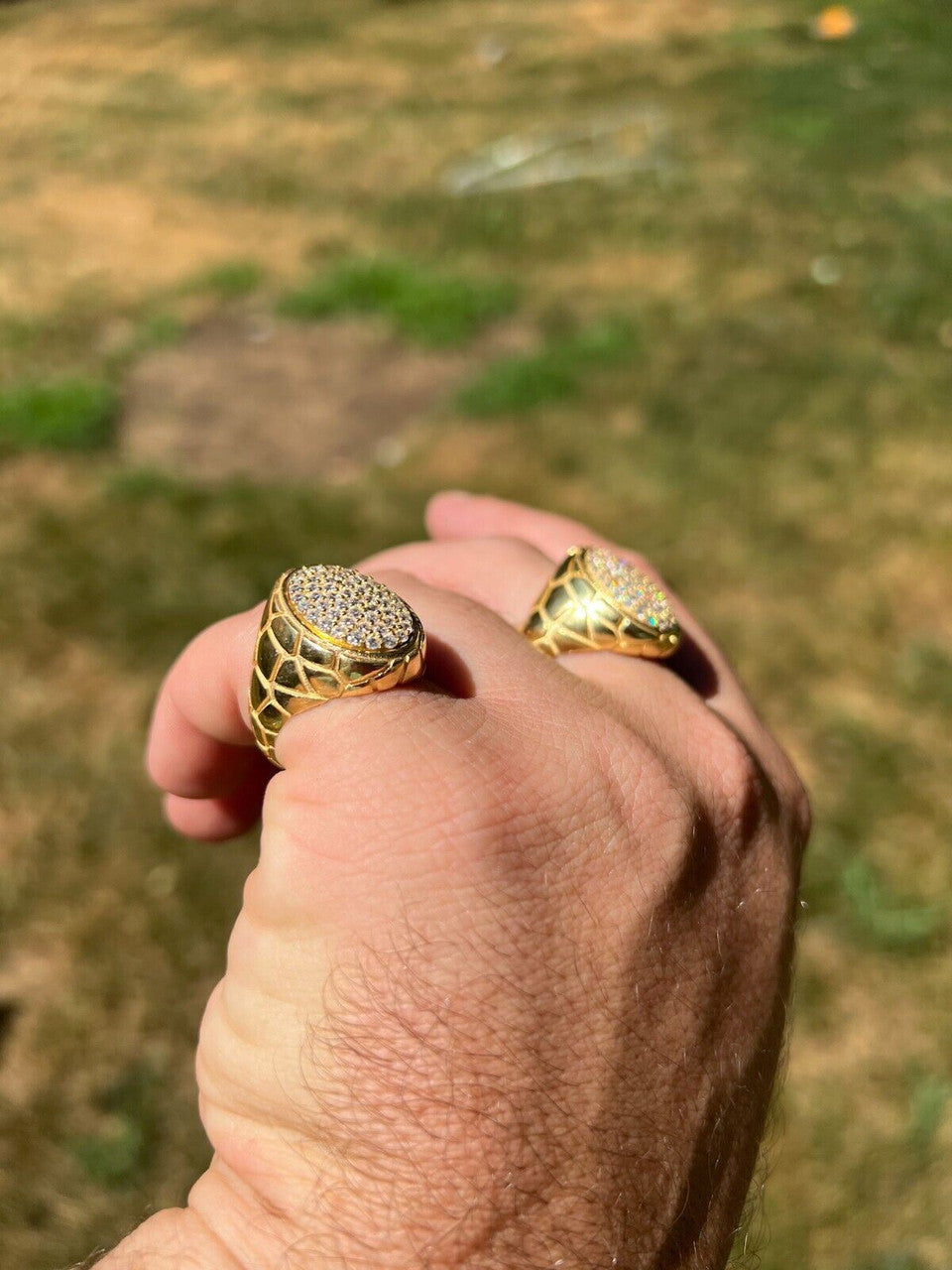 HarlemBling Big Nugget Mens Real Solid 14K Gold Plated 925 Silver Iced CZ Pinky Ring Hip Hop