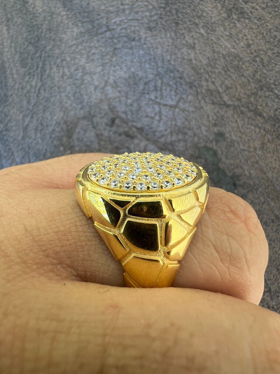 HarlemBling Big Nugget Mens Real Solid 14K Gold Plated 925 Silver Iced CZ Pinky Ring Hip Hop