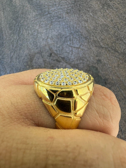 HarlemBling Big Nugget Mens Real Solid 14K Gold Plated 925 Silver Iced CZ Pinky Ring Hip Hop