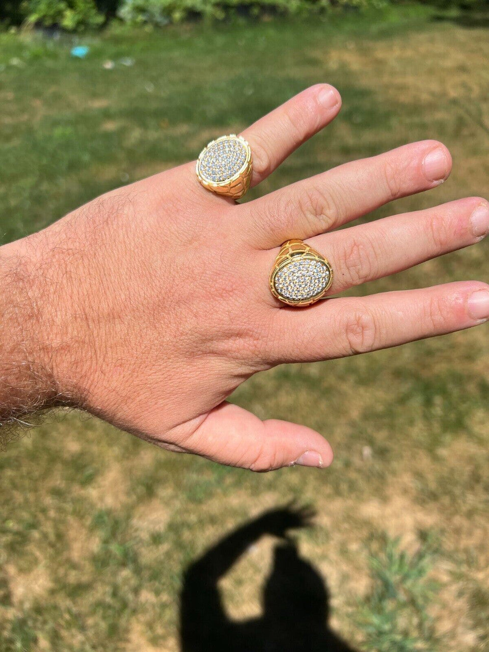 HarlemBling Big Nugget Mens Real Solid 14K Gold Plated 925 Silver Iced CZ Pinky Ring Hip Hop