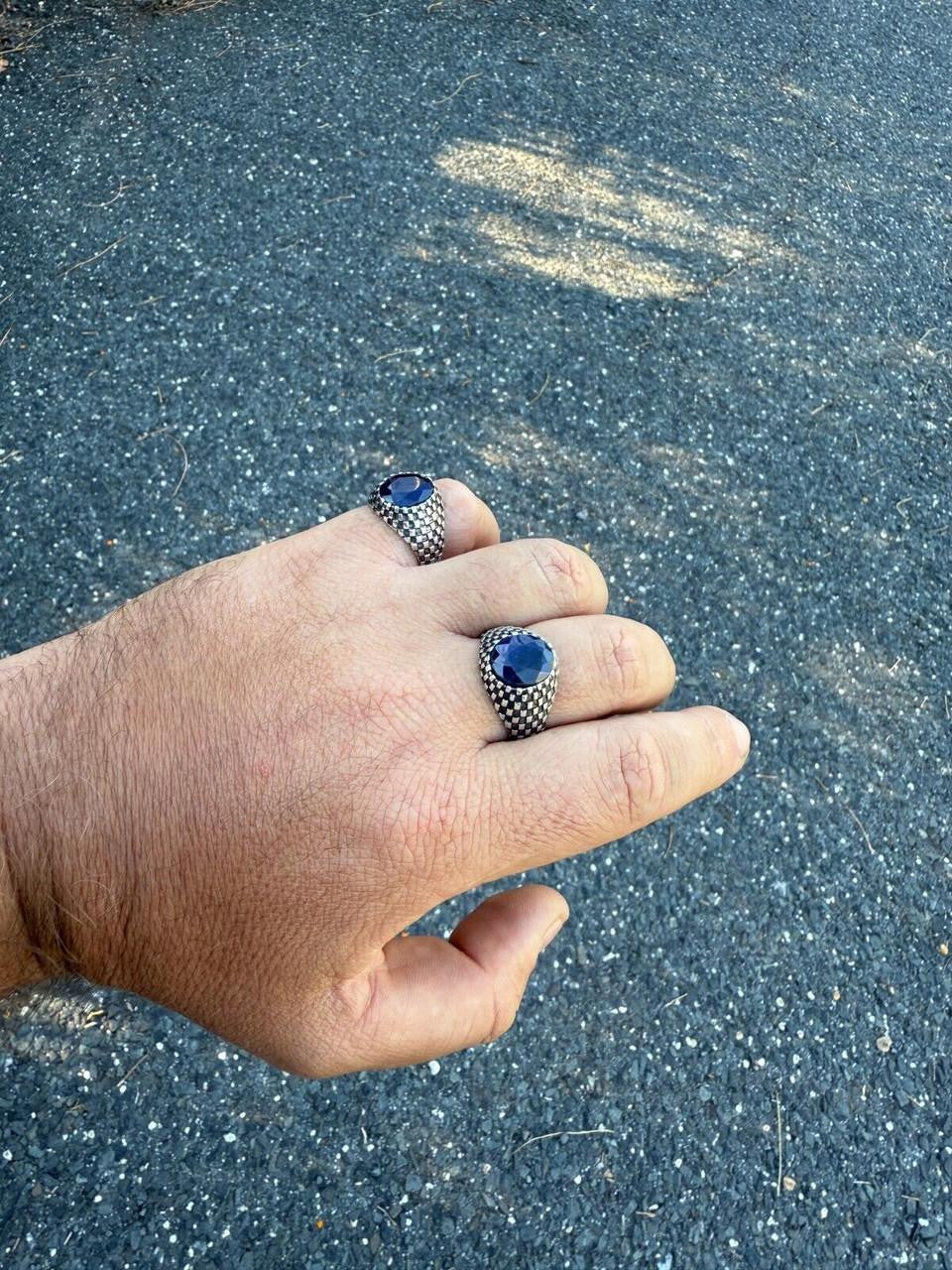 HarlemBling Black & White Ring - 925 Silver Oxidized - Genuine Blue Sapphire Stone