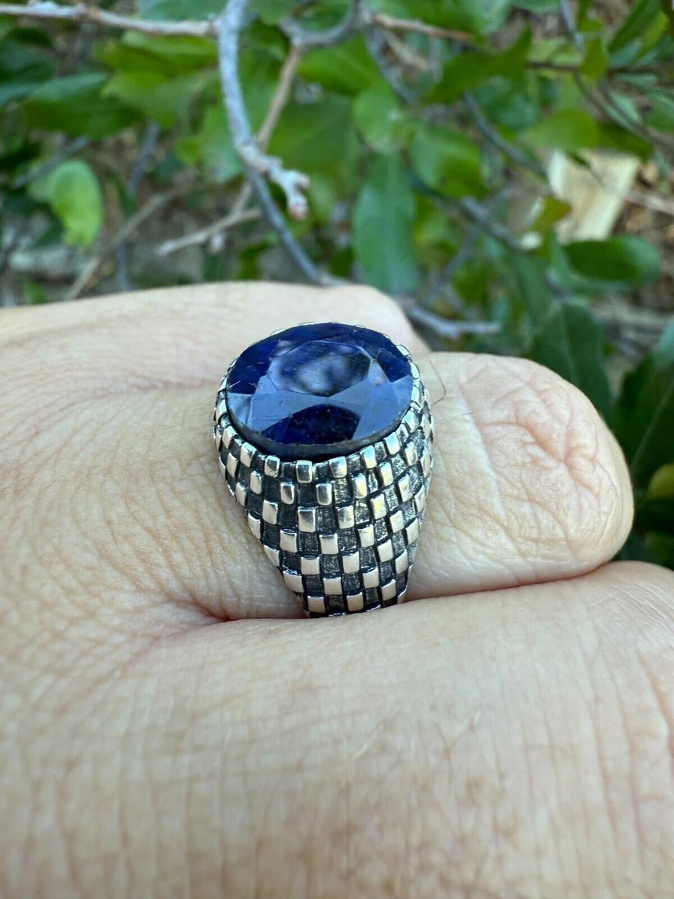HarlemBling Black & White Ring - 925 Silver Oxidized - Genuine Blue Sapphire Stone