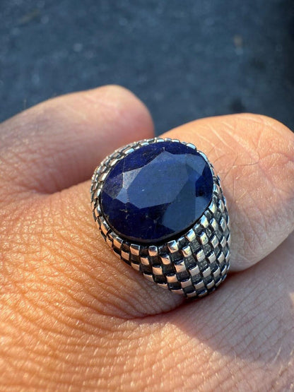 HarlemBling Black & White Ring - 925 Silver Oxidized - Genuine Blue Sapphire Stone
