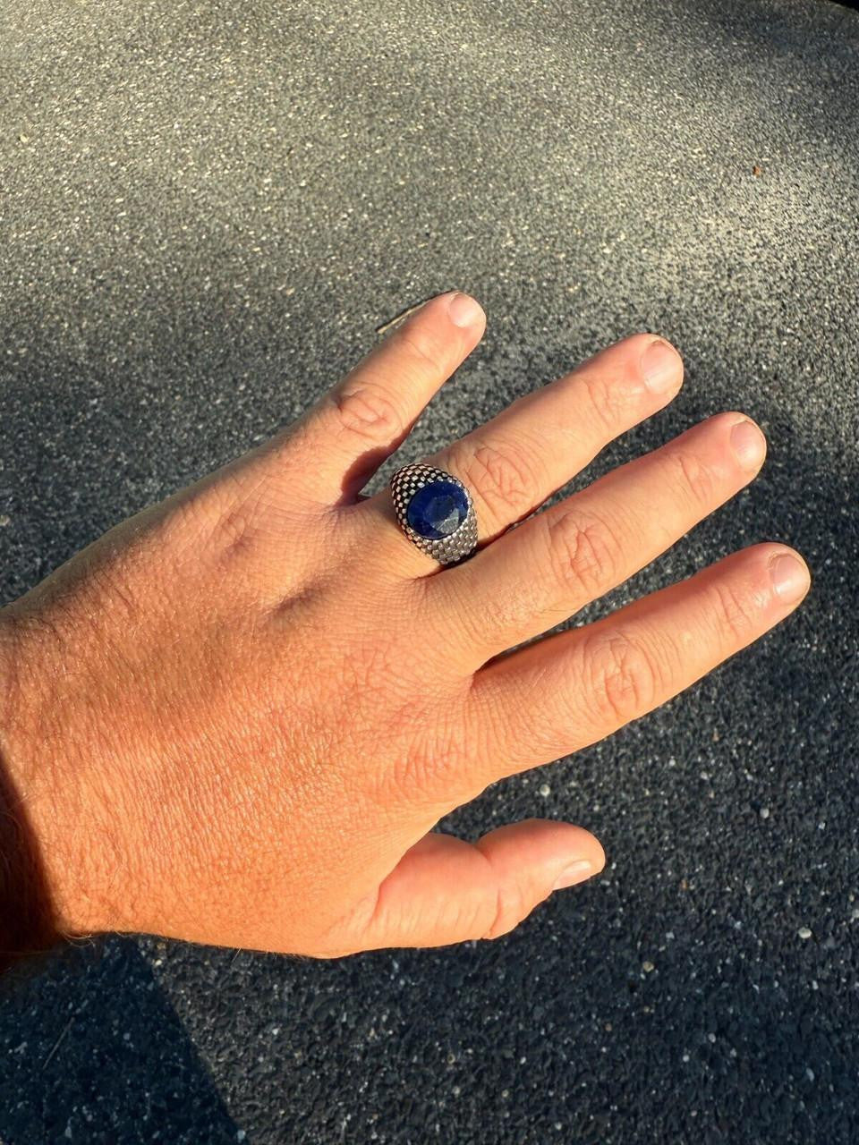 HarlemBling Black & White Ring - 925 Silver Oxidized - Genuine Blue Sapphire Stone