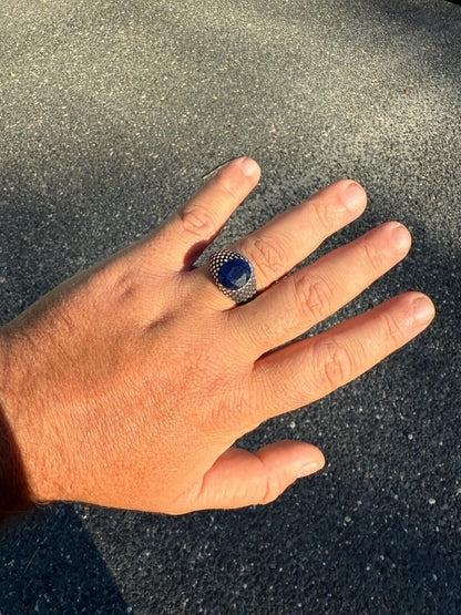 HarlemBling Black & White Ring - 925 Silver Oxidized - Genuine Blue Sapphire Stone