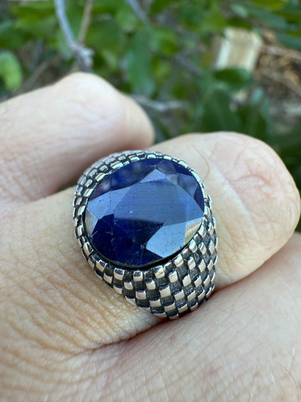HarlemBling Black & White Ring - 925 Silver Oxidized - Genuine Blue Sapphire Stone