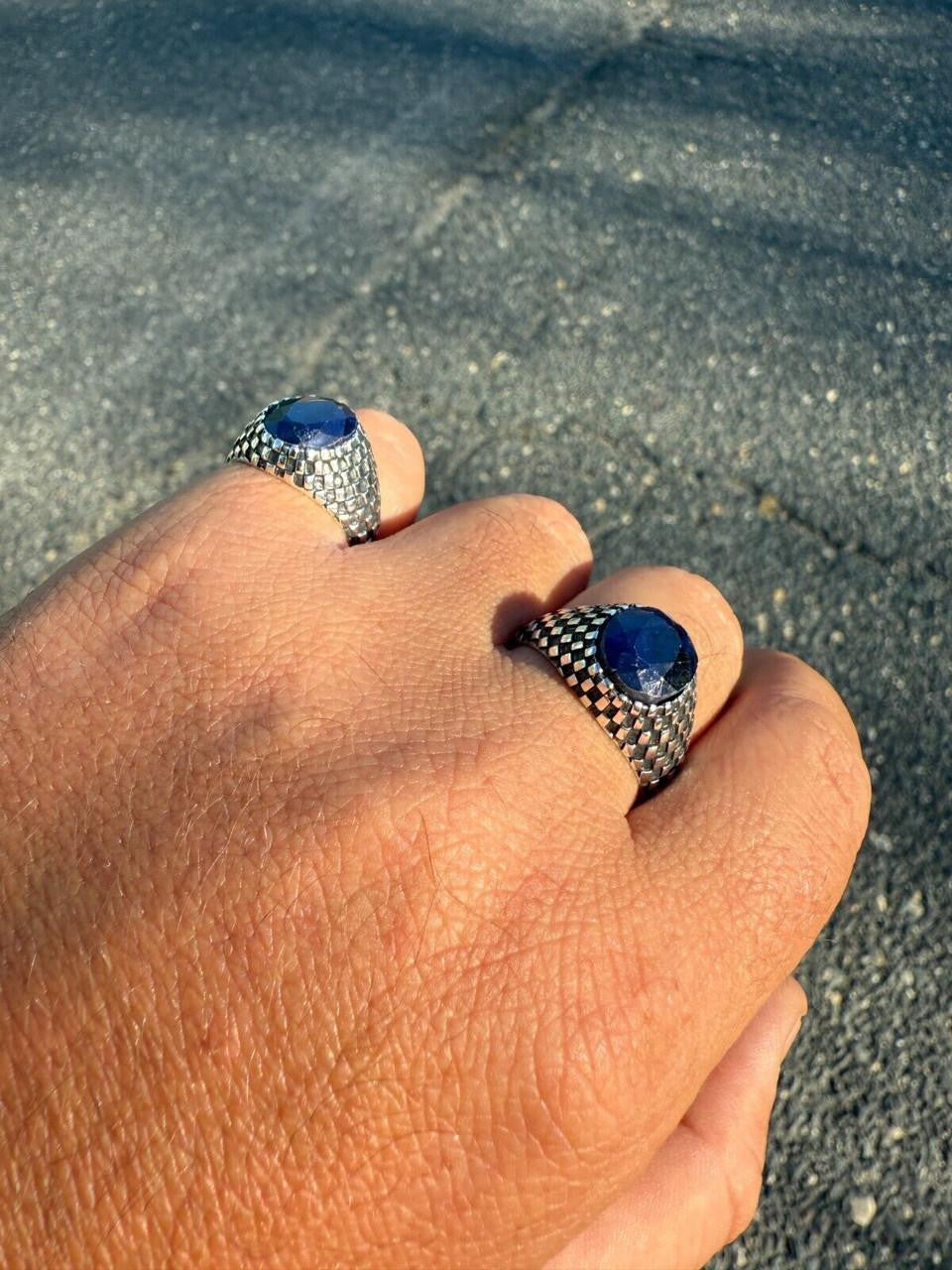 HarlemBling Black & White Ring - 925 Silver Oxidized - Genuine Blue Sapphire Stone