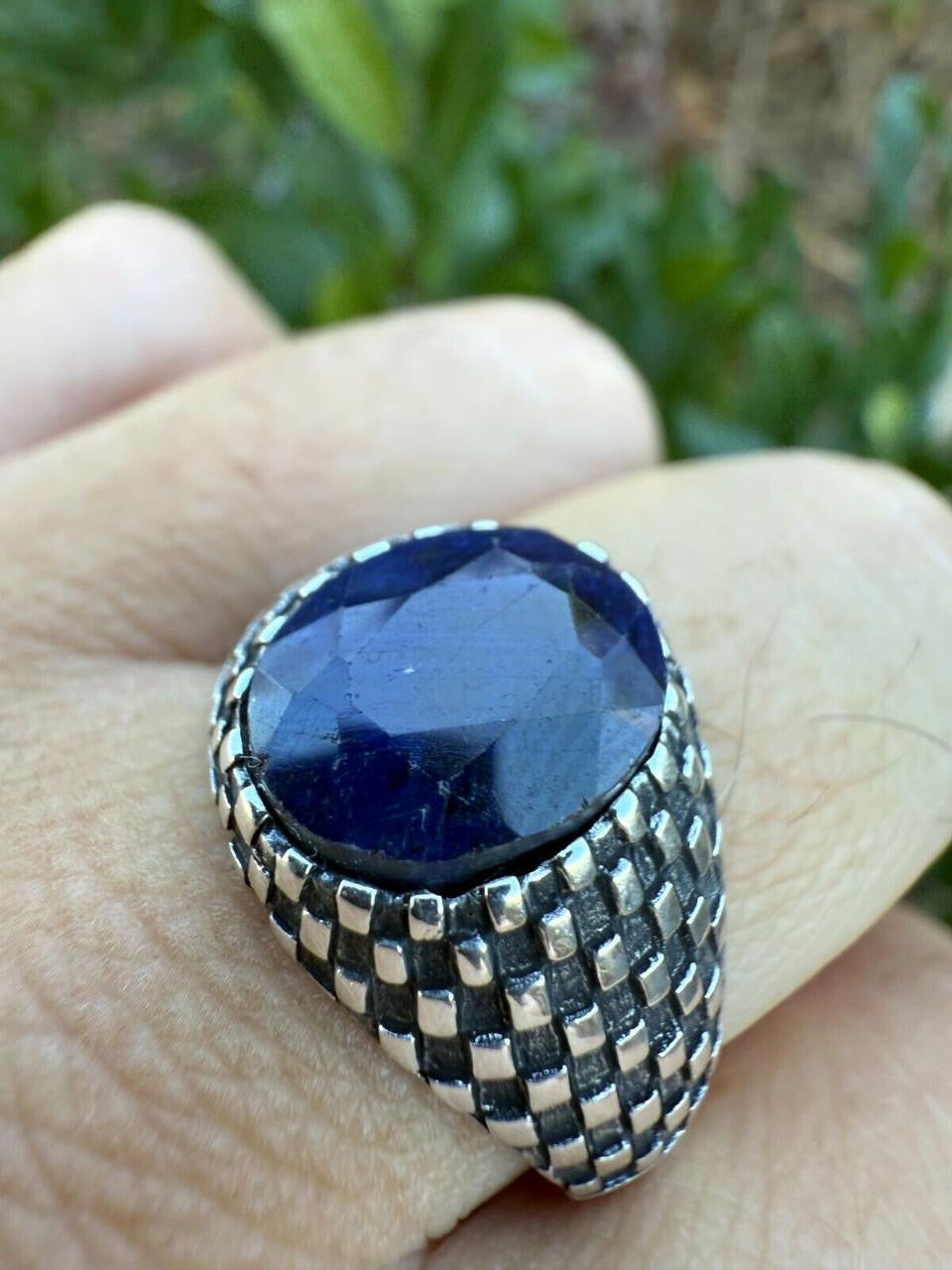 HarlemBling Black & White Ring - 925 Silver Oxidized - Genuine Blue Sapphire Stone