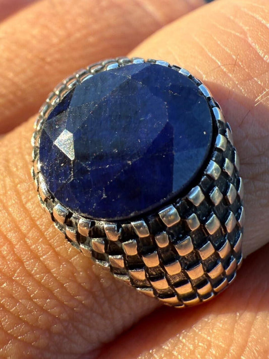 HarlemBling Black & White Ring - 925 Silver Oxidized - Genuine Blue Sapphire Stone