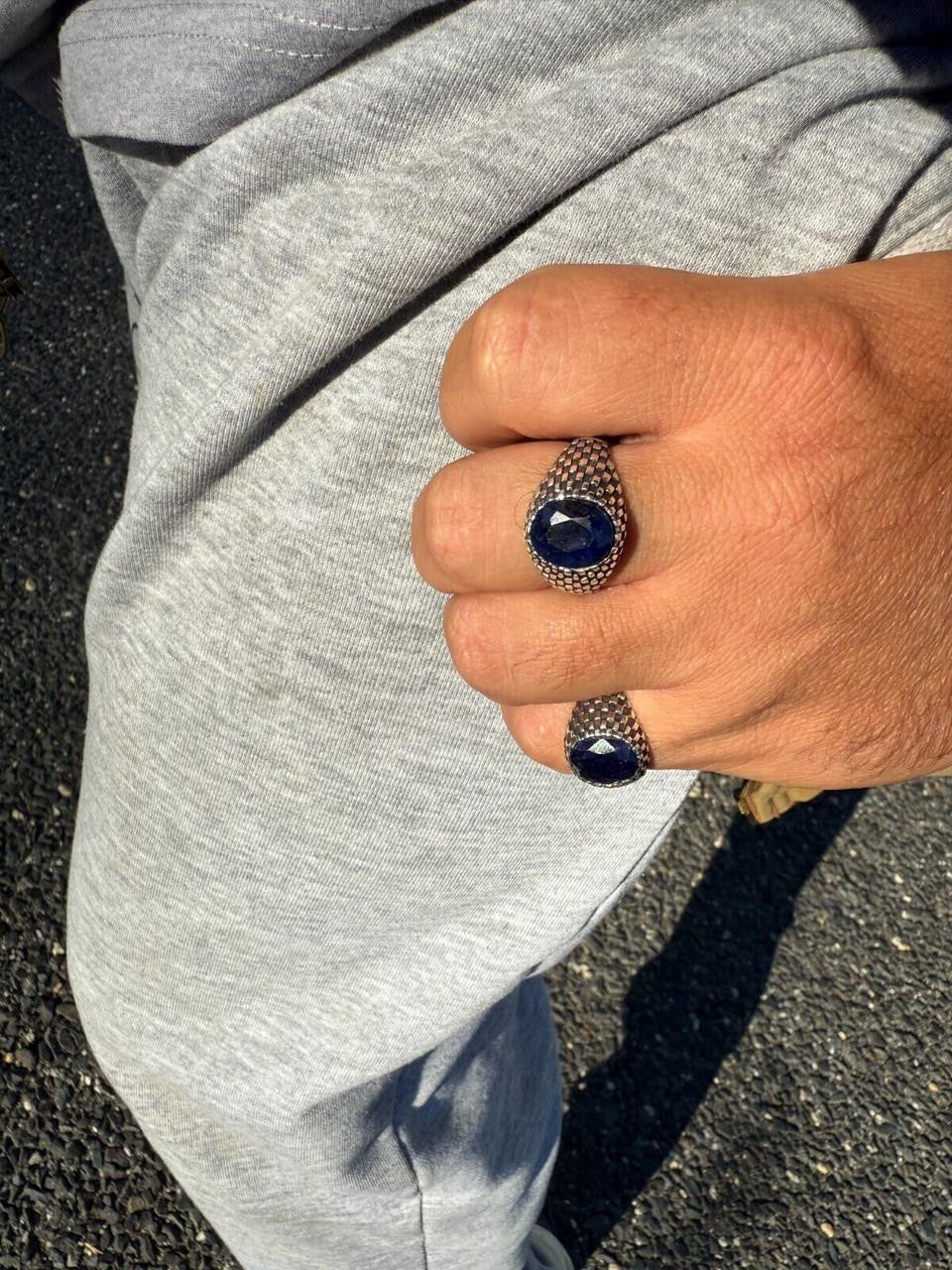 HarlemBling Black & White Ring - 925 Silver Oxidized - Genuine Blue Sapphire Stone