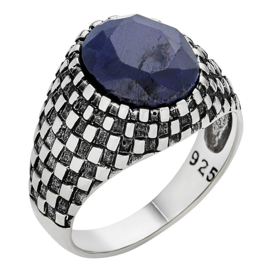 HarlemBling Black & White Ring - 925 Silver Oxidized - Genuine Blue Sapphire Stone