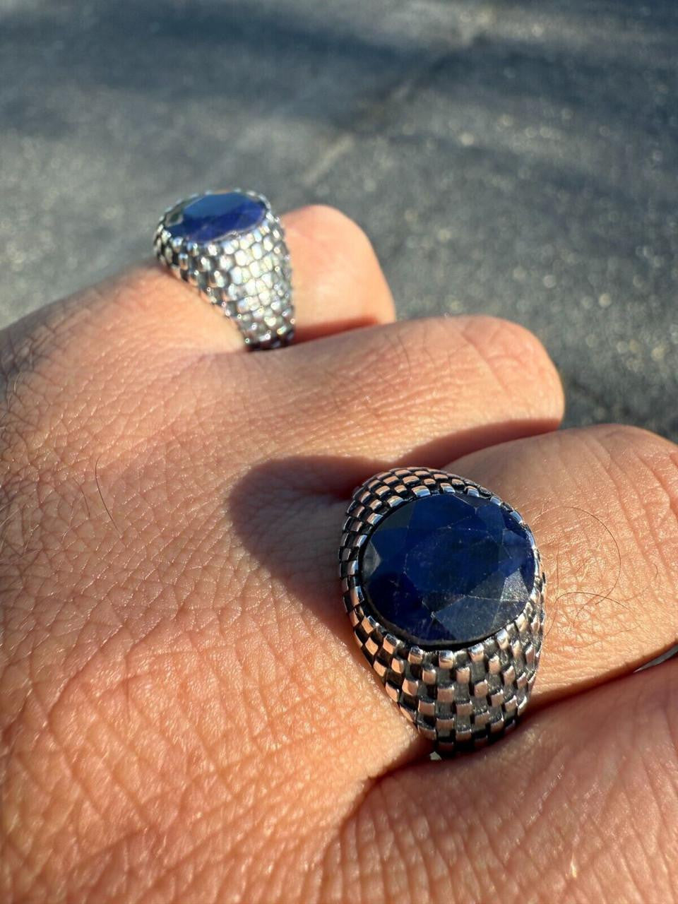 HarlemBling Black & White Ring - 925 Silver Oxidized - Genuine Blue Sapphire Stone
