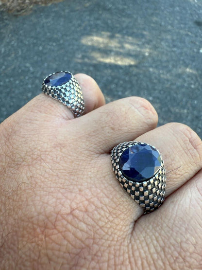 HarlemBling Black & White Ring - 925 Silver Oxidized - Genuine Blue Sapphire Stone